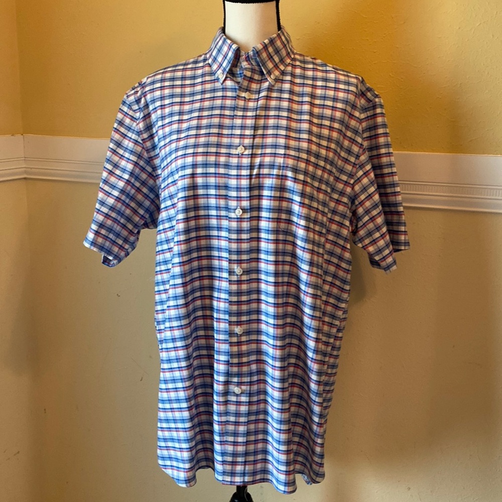 LANDS’END Men’s Plaid Button down Shirt; Large; Size 16 neck; Short Sleeves; EUC